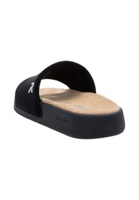 Sandale noire à glissière avec une bride supérieure courbée, une semelle intérieure beige et une semelle texturée. Présente un logo blanc sur le côté.