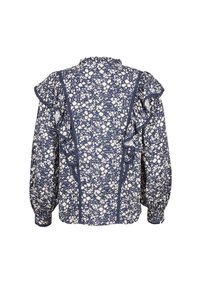 Námořnická blůza s bílým květinovým vzorem, se sklady na rukávech a na zádech, se nabíraným výstřihem a dlouhými balónovými rukávy.