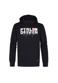 Čierna mikina s kapucňou, predným vreckom a šnúrkou, na hrudi s bielym grafickým textom "PTRLD RIVN". Má hladkú bavlnenú zmesovú tkaninu.