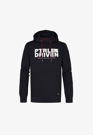 Schwarzer Kapuzenpullover mit einer Fronttasche, Kordelzugkapuze und weißem grafischem Text "PTRLD RIVN" auf der Brust. Hergestellt aus glattem Baumwollmischgewebe.
