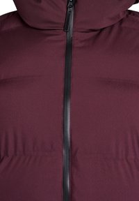 Maroon puffer jacket with a high collar and hood, featuring a front black zipper and a smooth, matte texture.