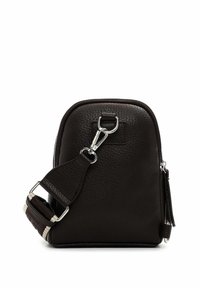 Black textured leather crossbody bag with silver clasp and adjustable fabric strap on a white background.