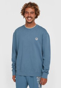 Lysblå sweatshirt lavet af bomuld, med ribbet rund hals, lange ærmer og et lille cirkulært logo på brystet.