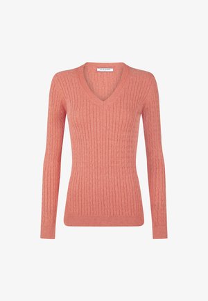 Koralfarvet V-hals sweater, ribbet tekstur, lange ærmer, tætsiddende design, lavet af et blødt materiale med en subtil glans og pænt kant.