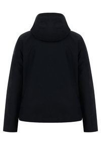 Chaqueta negra con capucha y un acabado mate liso. Presenta mangas largas y un corte recto, sin herrajes ni adornos visibles.
