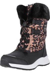 Botte d'hiver à lacet rose avec imprimé léopard noir, ornée d'un col en fausse fourrure, d'une semelle en caoutchouc noir robuste et d'accents gris.