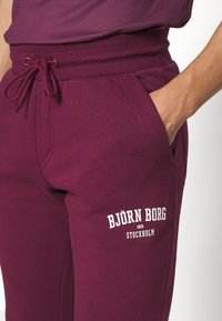 Bordeauxfärgade sweatpants med elastisk midja, dragskon, och sidofickor. Har vit textlogotyp med texten "BJÖRN BORG STOCKHOLM."