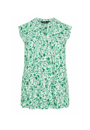 Weiße ärmellose Bluse mit grünem Blumenmuster und gerüschten Schulterdetails, V-Ausschnitt, lockere Passform.