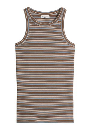 Mouwloze geribde tanktop met horizontale bruine, witte en blauwe strepen, met een ronde halslijn en label binnen in de kraag.