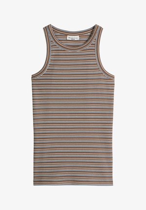Mouwloze geribde tanktop met horizontale bruine, witte en blauwe strepen, met een ronde halslijn en label binnen in de kraag.