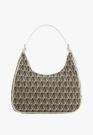 Bolso hobo con un patrón en negro y beige, hecho de tela con una textura suave, complementado con una correa de color claro y ribete blanco.