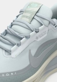 Chaussure de course Nike gris clair avec Gore-Tex Invisible Fit, languette rembourrée et semelle épaisse, montrant les lacets et les détails du logo latéral.