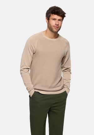 Hombre con cabello corto, que lleva un suéter beige de manga larga y pantalones verdes oliva, de pie con las manos en los bolsillos contra un fondo liso.