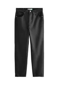 Jeans mom neri a vita alta con bottone frontale, zip, due tasche anteriori e passanti per cintura, esposti piano su uno sfondo bianco.