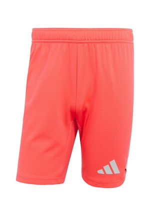 Rote Sportshorts aus glattem, leichtem Material. Mit einem elastischen Bund und einem reflektierenden Logo auf der unteren linken Seite.
