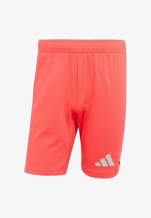 Rote Sportshorts aus glattem, leichtem Material. Mit einem elastischen Bund und einem reflektierenden Logo auf der unteren linken Seite.