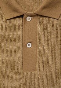 Polo shirt marrone lavorato a maglia con un motivo testurizzato, dotato di un colletto classico e due bottoni bianchi sulla pattina.