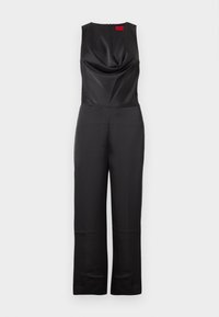 Macacão preto com um design sem mangas, decote drapeado e fecho de zip nas costas. Feito de um tecido liso com um ajuste sob medida e pernas largas.