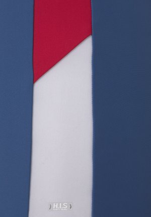Swimwear featuring blue, red, and white panels; smooth texture; diagonal red accent on the top section; brand label visible at the bottom.