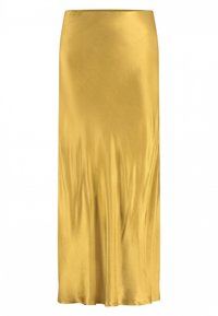 Geel satijnen maxi-rok met een gladde, vloeiende textuur en een rechte vorm. Beschikt over een subtiele glans en geen zichtbare hardware of accenten.