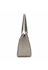 Grau gemusterte Handtasche mit doppelt tragbaren Schulterriemen, die ein geometrisches Design, eine glatte Textur und einen Reißverschluss oben aufweist.