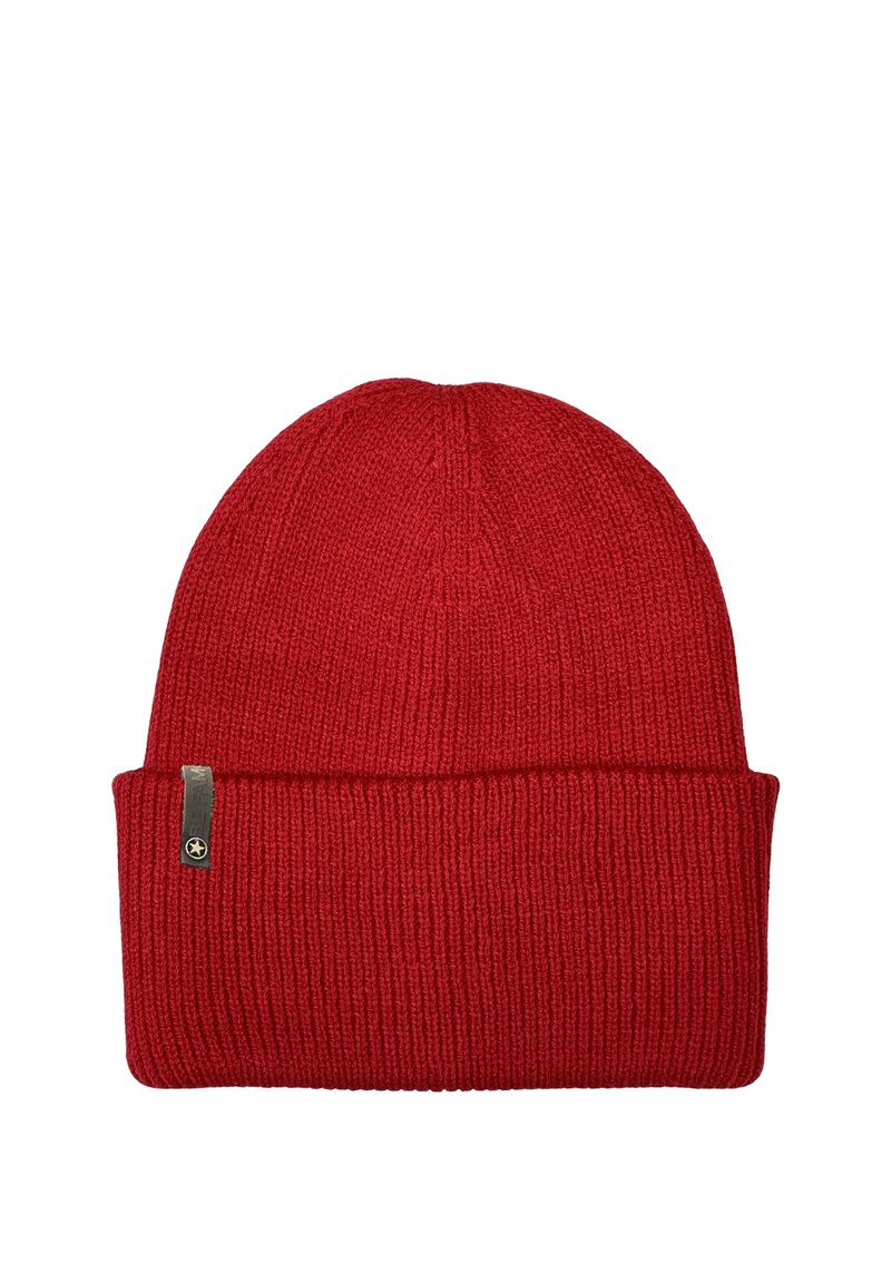 Red knitted beanie hat with a ribbed texture and a folded cuff. Features a small metallic tag on the side for branding.