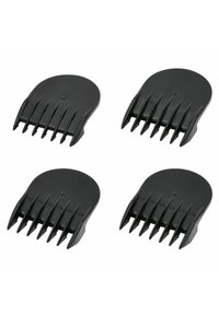 Set of four black plastic hair clippers with a rounded shape, featuring six staggered teeth for cutting hair evenly.