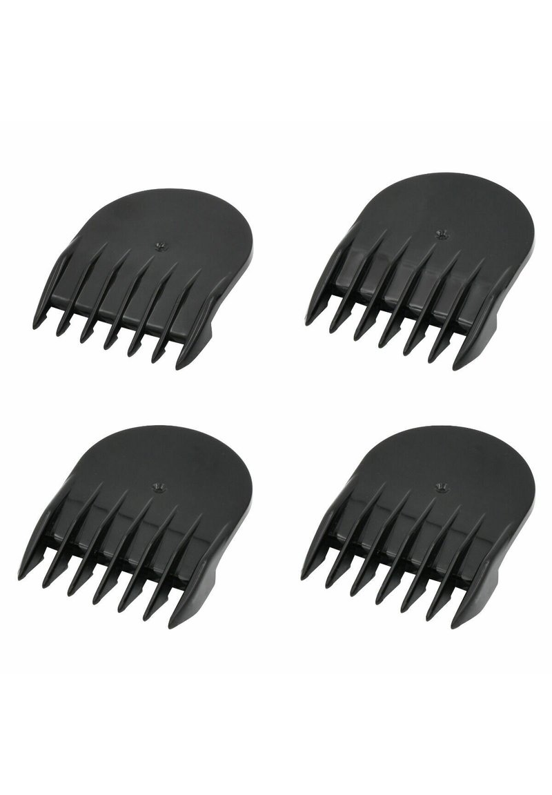 Set of four black plastic hair clippers with a rounded shape, featuring six staggered teeth for cutting hair evenly.