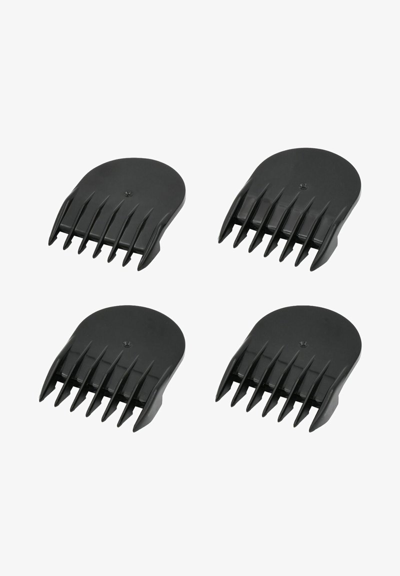 Set of four black plastic hair clippers with a rounded shape, featuring six staggered teeth for cutting hair evenly.