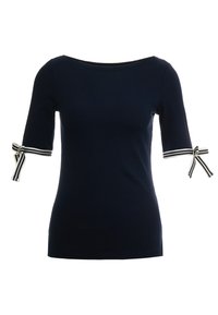 Navy blue fitted t-shirt with a wide neckline and three-quarter sleeves featuring black-and-white striped bow accents at the cuffs.