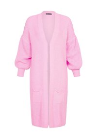 Lunga cardigan rosa lavorato a maglia con una vestibilità ampia, spalle discese, polsini a coste e due tasche frontali. Design aperto davanti senza chiusure.