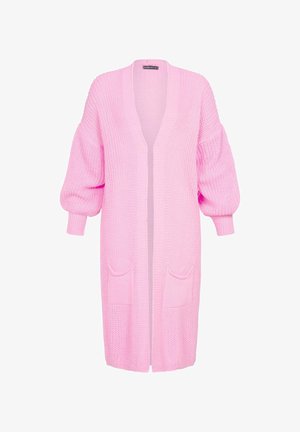 Lang lyserød strikket cardigan med løs pasform, faldende skuldre, ribbede manchetter og to forlommer. Åben frontudformning uden lukninger.