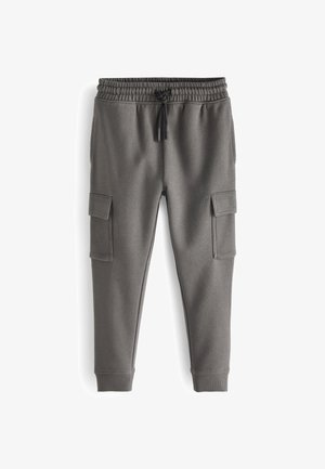 Grå sweatpants lavet af et blødt stof, med en elastisk talje linning med snøre, sidelommer og ribbede manchetter ved anklerne.