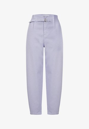 Light purple trousers with a belted high waist, soft fabric, tapered leg, and front pleats. Features a gold-tone buckle accent.