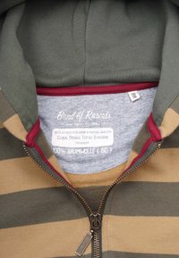 Organic cotton hoodie featuring a gray interior, olive green and tan stripes, red accents, and a metal zipper with a small tag.