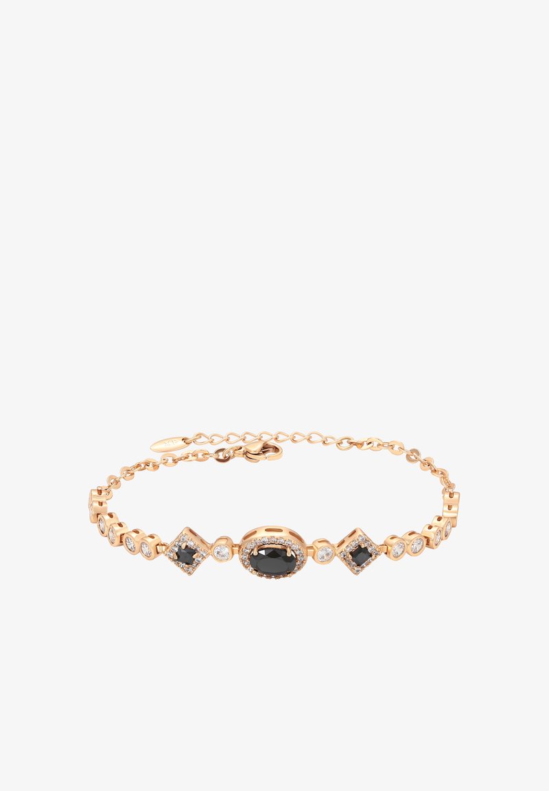 Bracciale in oro rosa caratterizzato da pietre nere a forma di ovale e a forma di diamante, alternate a pietre trasparenti, assicurato da una delicata catena e chiusura.