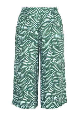 Zelené široké kalhoty s bílým tropickým listovým vzorem a elastickým pasem.
