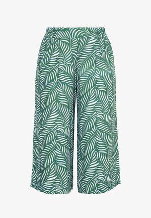 Grønne bukser med vide ben, hvidt tropisk bladmønster og elastisk talje.