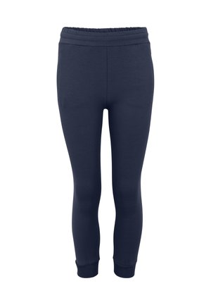 Mörkblå joggingbyxor tillverkade av mjukt tyg, med elastisk midja och ribbade muddar. Slät textur och figursydd design.