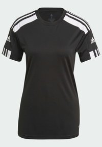 Schwarzes Sport-T-Shirt mit weißen Schulterstreifen und Adidas-Logo auf den Ärmeln. Hergestellt aus glattem Stoff, kurze Ärmel, Rundhalsausschnitt.