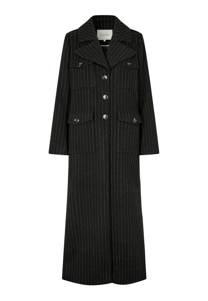 Zwarte pinstripes lange jas met een reverskraag, frontknopen en twee borstzakken. Heeft een rechte snit en een gestructureerd ontwerp.