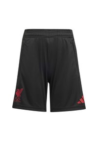 Schwarze Sportshorts mit rotem Liverpool FC-Wappen am linken Bein und rotem Adidas-Logo am rechten Bein, elastischem Bund und Seitentaschen.