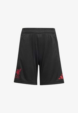 Shorts de sport noirs avec le blason rouge du Liverpool FC sur la jambe gauche et le logo rouge d'Adidas sur la jambe droite, taille élastique et poches latérales.