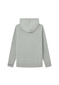 Sudadera de algodón gris con capucha redondeada, mangas largas, puños y cinturilla de canalé, con un acento de texto en el puño izquierdo.