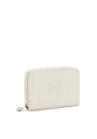 Portafoglio color crema con texture liscia, forma rettangolare e dettaglio del logo in rilievo sulla parte frontale. Dotato di chiusura con zip e accenti di cucitura.