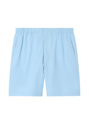 Pantalones cortos para hombre de color azul claro con cinturilla elástica y bolsillos laterales, hechos de tela texturizada.