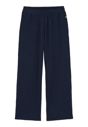 Pantaloni largi bleumarin din țesătură texturată, cu talie elastică. Fără buzunare vizibile sau accente metalice.