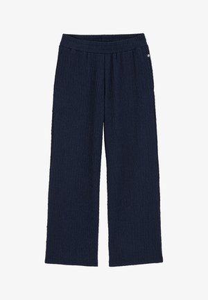 Sötétkék, bő szabású nadrág texturált anyagból, rugalmas derékrésszel. Nincsenek látható zsebek vagy fém kiegészítők.