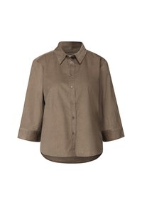 Chemise brune à boutons avec un col, des manches trois-quarts et un ourlet arrondi. Le tissu semble lisse avec une texture subtile.