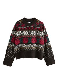 Pull en maille marron avec des motifs floraux et géométriques en rouge, blanc, vert et or. Encolure ronde et poignets côtelés. Coupe raccourcie.